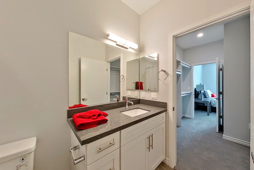 a bathroom with a sink and a mirror and a door to a bedroom