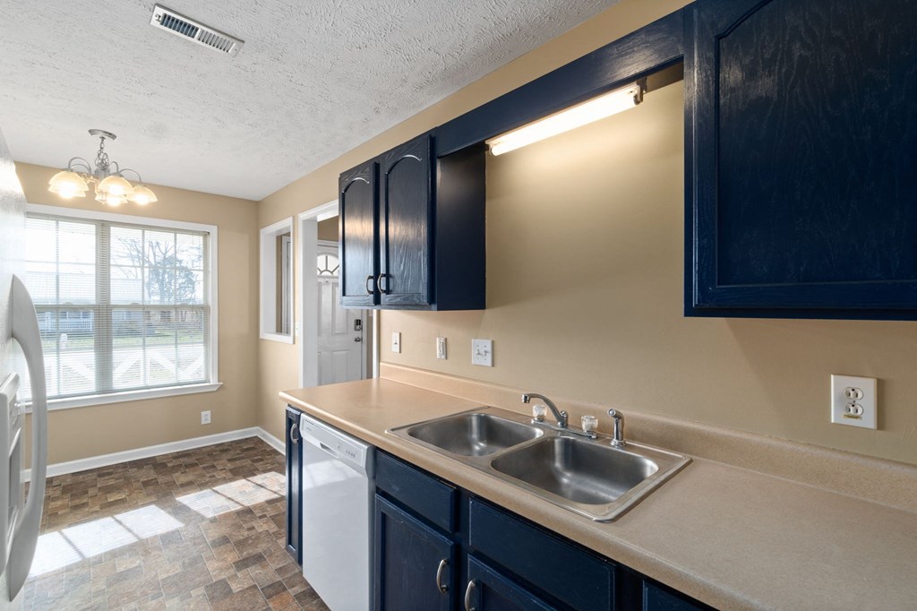 an empty kitchen with a sink and black cabinets