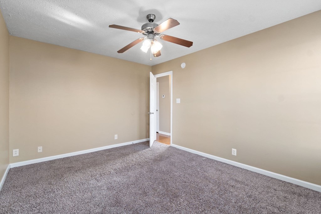 a room with carpet and a ceiling fan