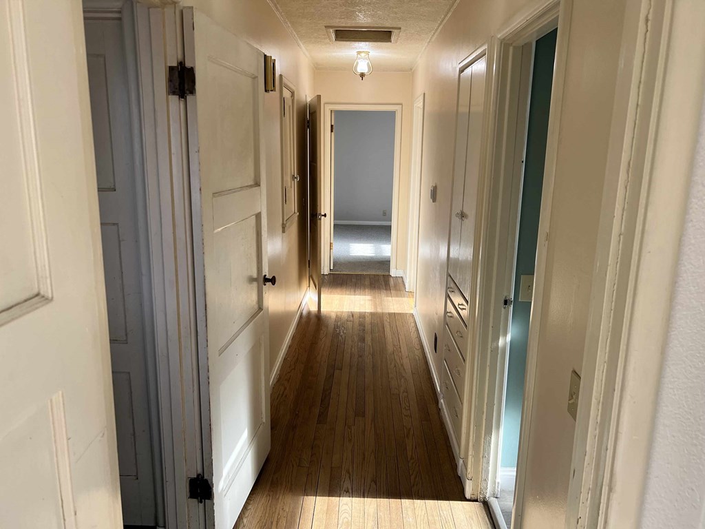 a hallway with wood floors and white doors and white walls