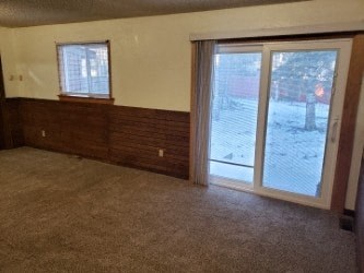 A room with a carpeted floor and a sliding glass door.