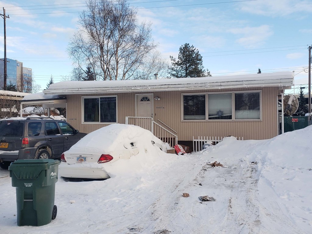 a house with a snow covered car in front of it