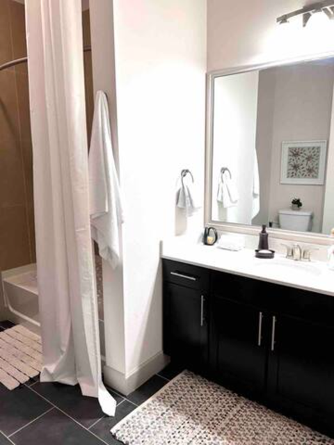 a bathroom with a shower and a sink and a mirror