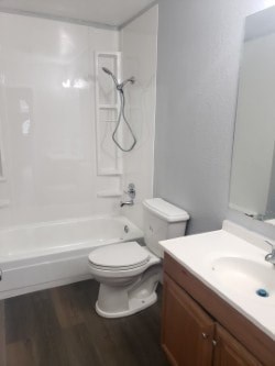 A white toilet sits next to a white sink in a small bathroom.