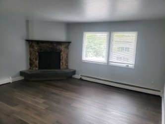 A room with a fireplace and two windows.