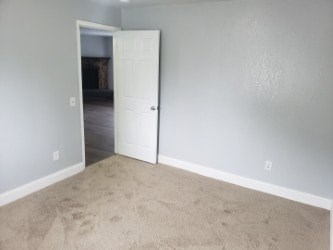 A room with a white door and carpet.
