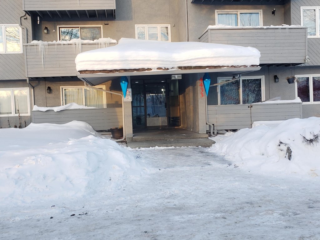 the front door of a house covered in snow