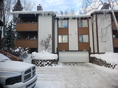 a house with a garage in the snow
