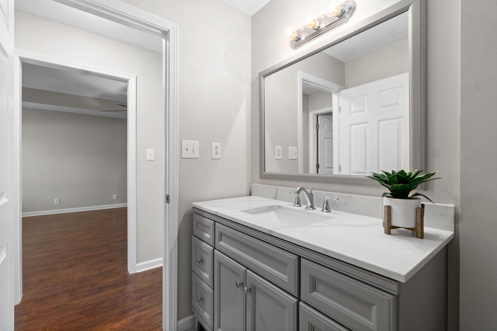 a bathroom with a large mirror and a sink