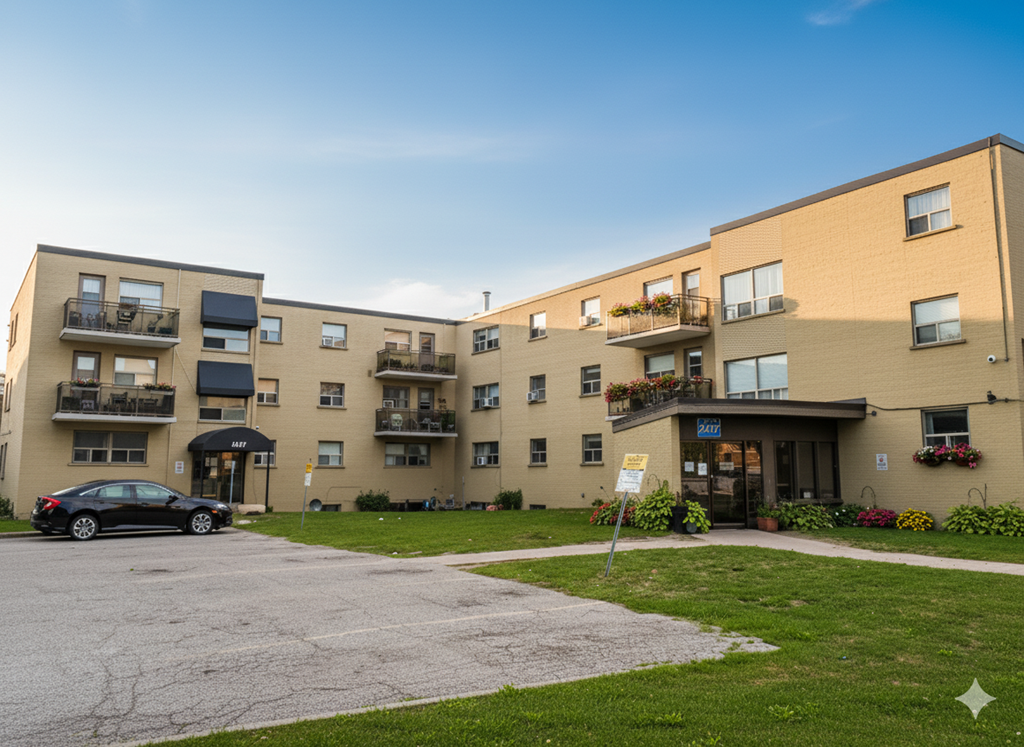 A black car is parked in front of a building with a yellow sign.