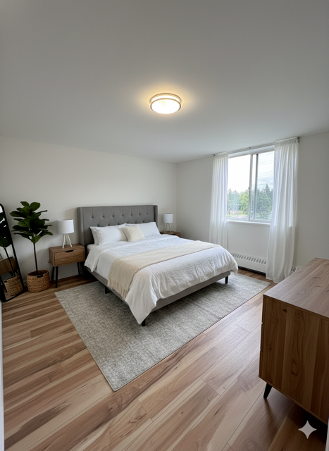 A bedroom with a large bed and a wooden floor.