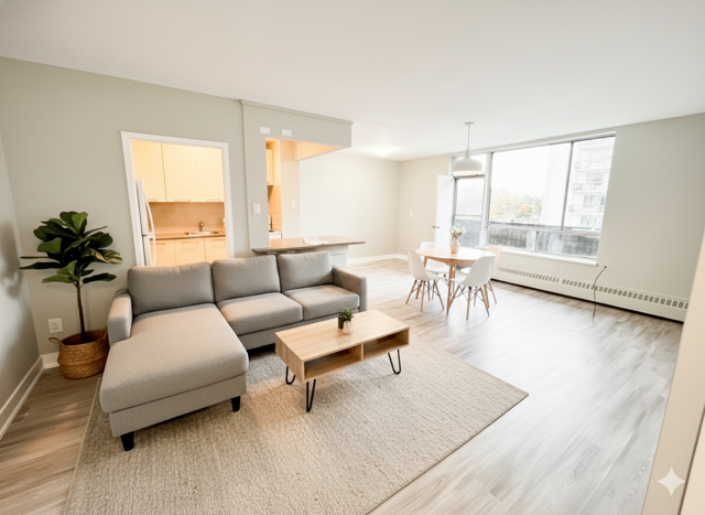A living room with a grey sofa and a wooden coffee table.