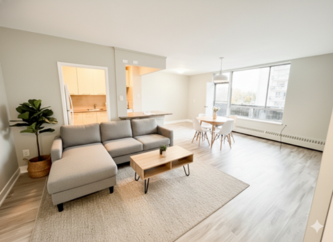 A living room with a grey sofa and a wooden coffee table.