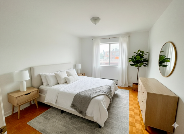 A bedroom with a large bed, a nightstand, and a dresser.