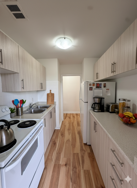 A kitchen with white appliances and wooden floors.