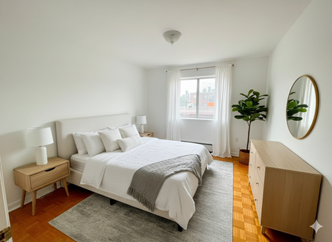 A bedroom with a large bed, a nightstand, and a dresser.