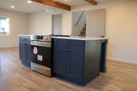 a kitchen with blue cabinets and a stove and a sink