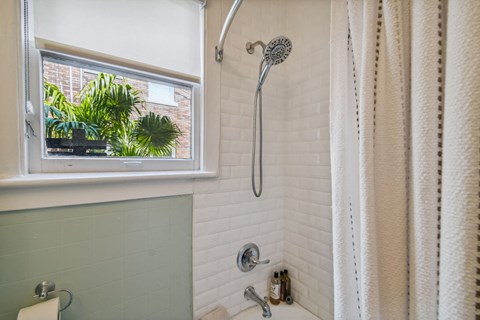 A bathroom with a shower curtain and a window showing a view of a building and plants.