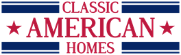 The image displays the words "Classic American Homes" in bold, red letters with two stars on either side.