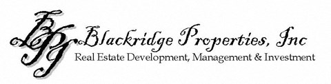 The image is a logo for Blackridge Properties, Inc., a real estate development, management, and investment company.