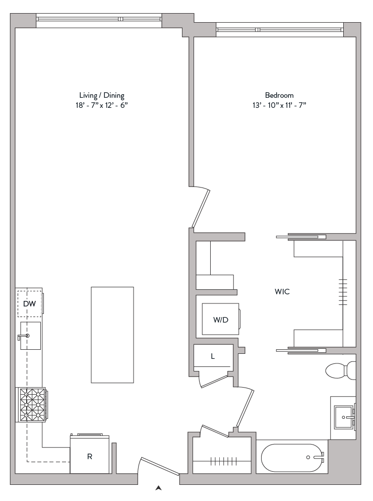spacious one bedroom, walk in closet,