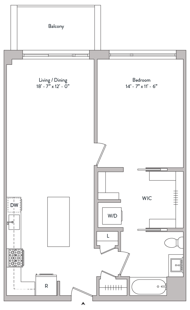 spacious one bed, built in walk in closet, private balcony, gourmet kitchen