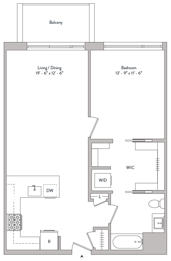 spacious one bed, built in walk in closet, private balcony, gourmet kitchen