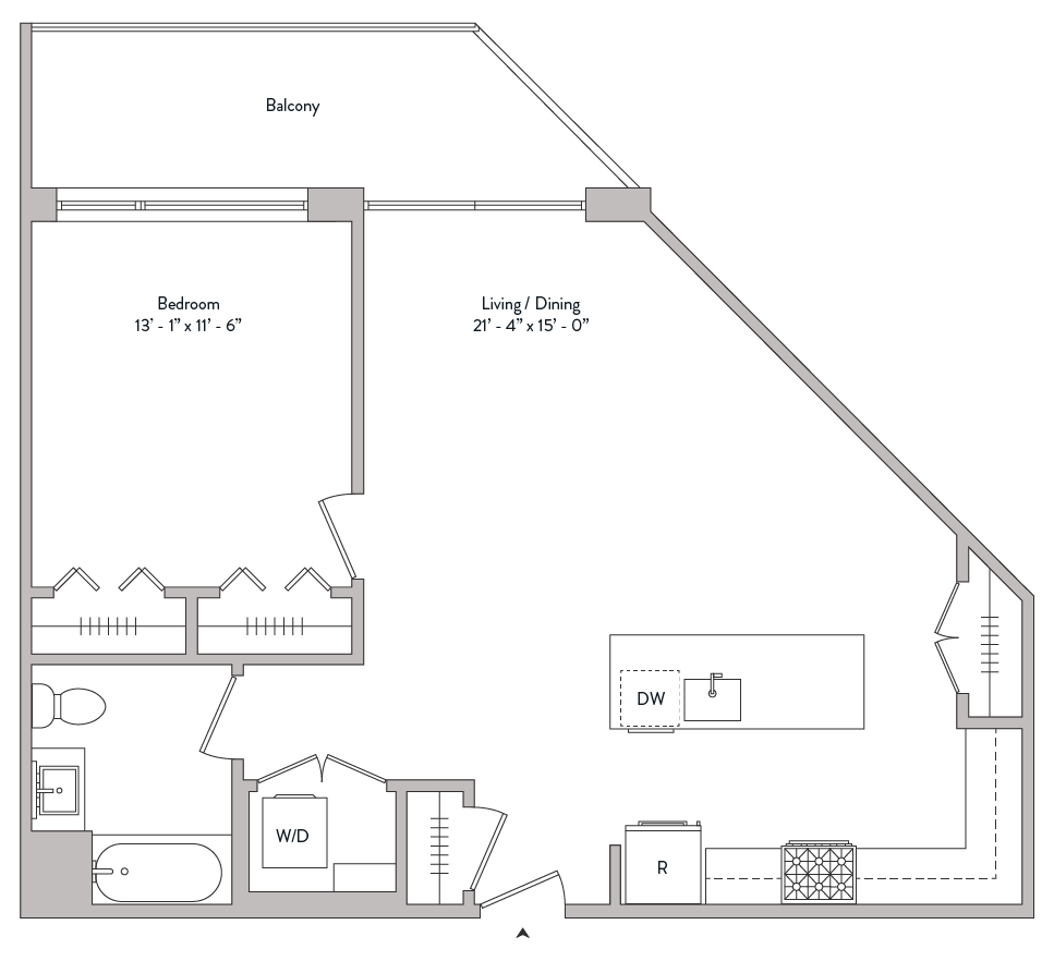 spacious one bed, built in walk in closet, private balcony, gourmet kitchen