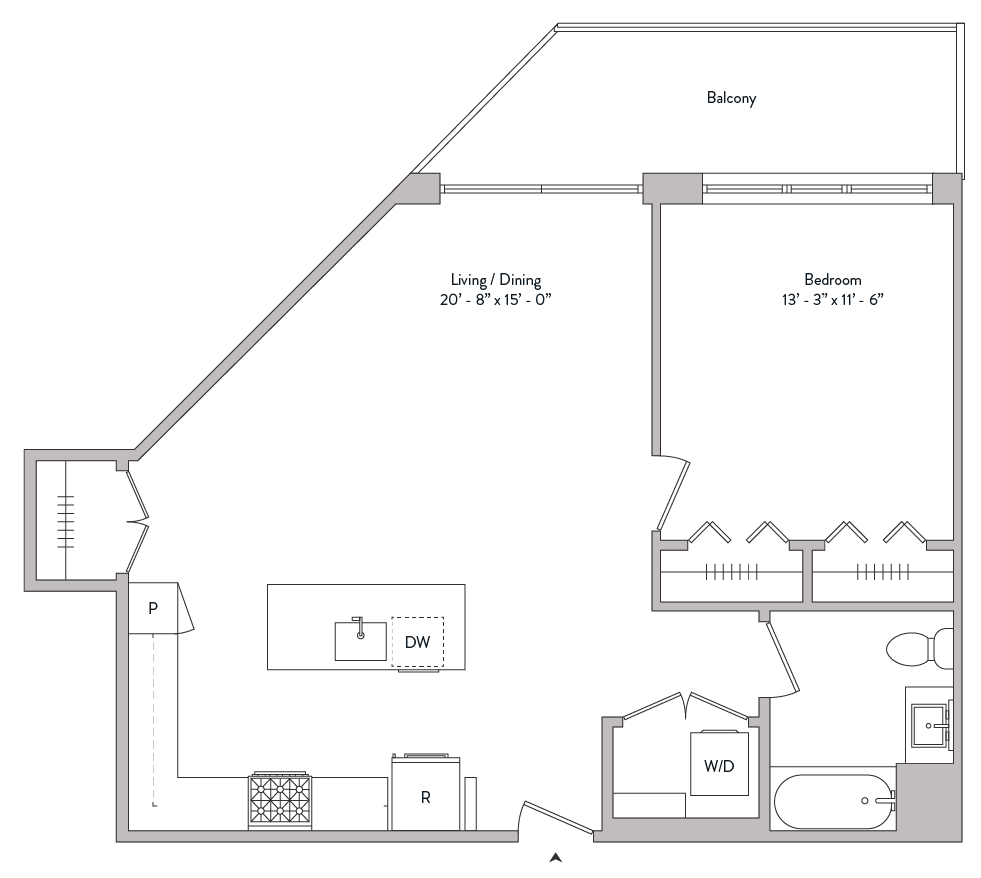 spacious one bedroom with balcony, custom closets