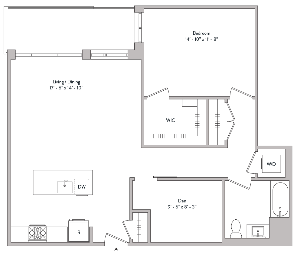 spacious one bed, built in walk in closet, private balcony, gourmet kitchen