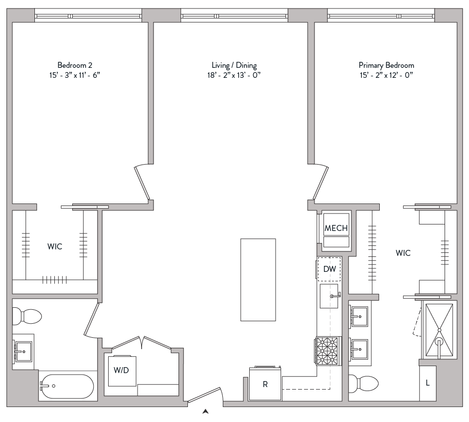 large two bed, two bath, walk in closets, master suite, double sinks, gourmet kitchen