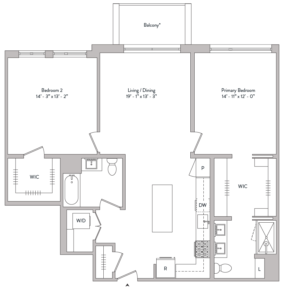 large two bed, two bath, walk in closets, master suite, double sinks, gourmet kitchen, private balcony