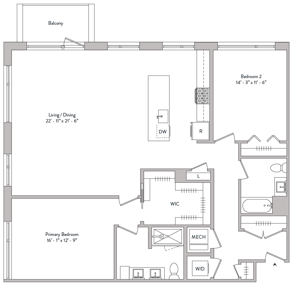 large two bed, two bath, walk in closets, master suite, double sinks, gourmet kitchen, private balcony