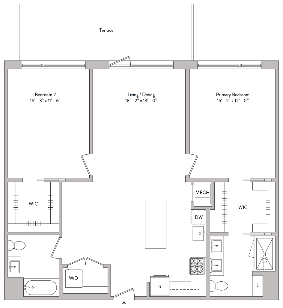 large two bed, two bath, walk in closets, master suite, double sinks, gourmet kitchen, large private balcony