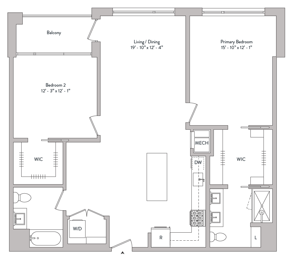 large two bedroom, custom walk in closets, private balcony