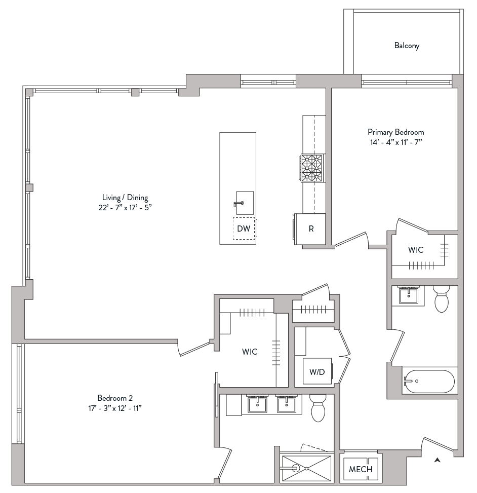 spacious two bedroom, private balcony, large living area, custom built in closets