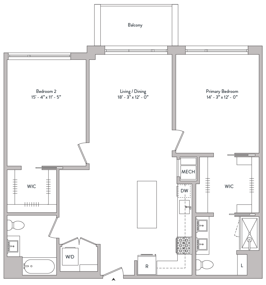 large two bed, two bath, walk in closets, master suite, double sinks, gourmet kitchen, private balcony