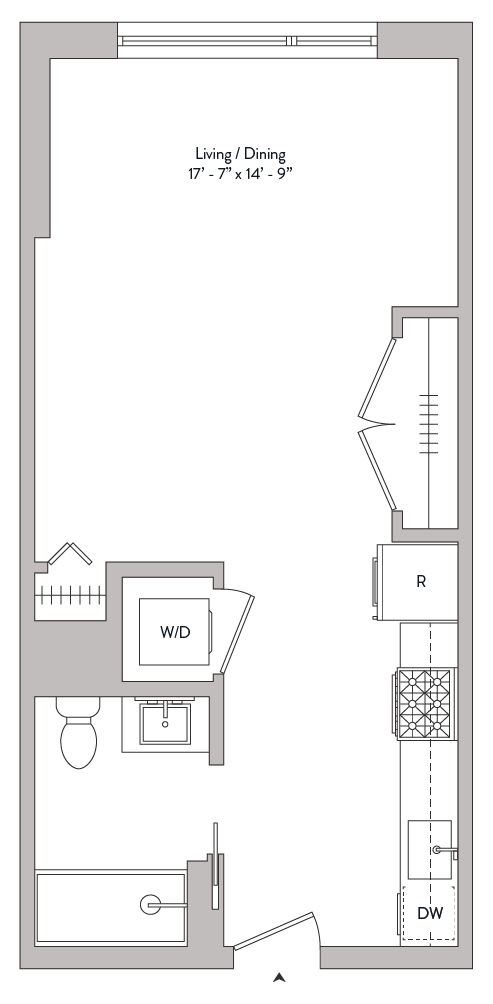 large studio, full size appliances, washer/dryer in unit