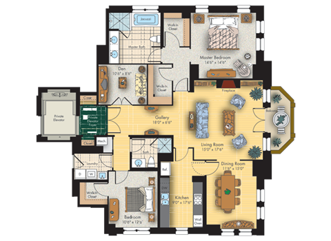 1 bed 2 bath floorplan