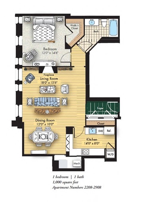 1 bed 1 bath floorplan