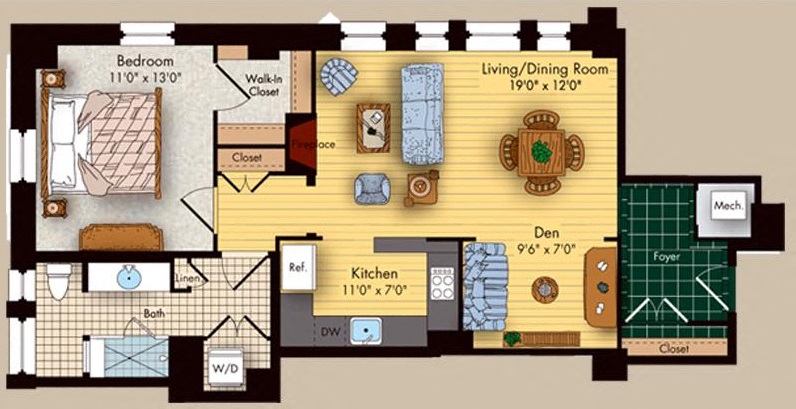 1 bed 1 bath floorplan