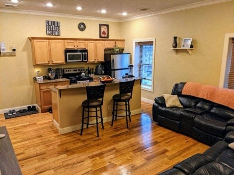 a living room with a kitchen and a couch