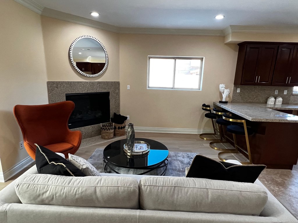 a living room with a couch and a table