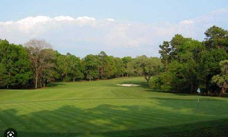 a golf course with green grass and trees