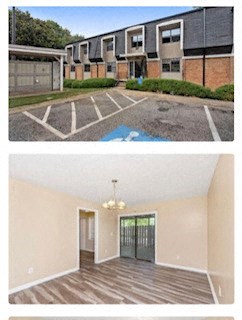 two pictures of an empty house and a garage door