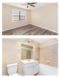 two pictures of a bathroom with a toilet and a sink