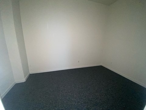 A room with a black carpet and white walls.