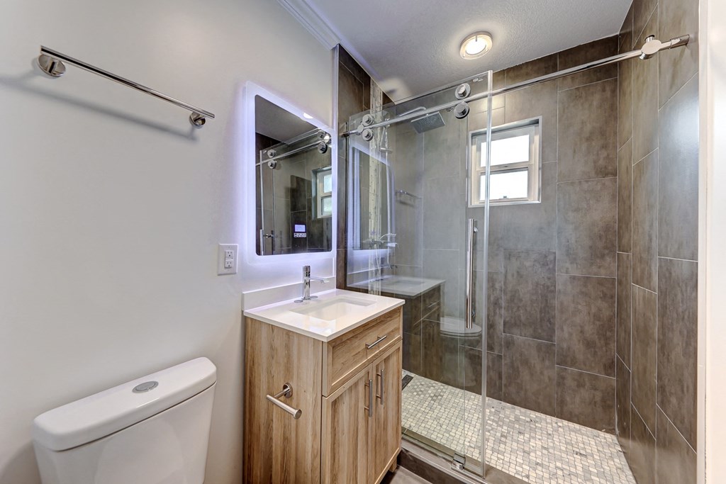 a bathroom with a shower and a sink and a toilet