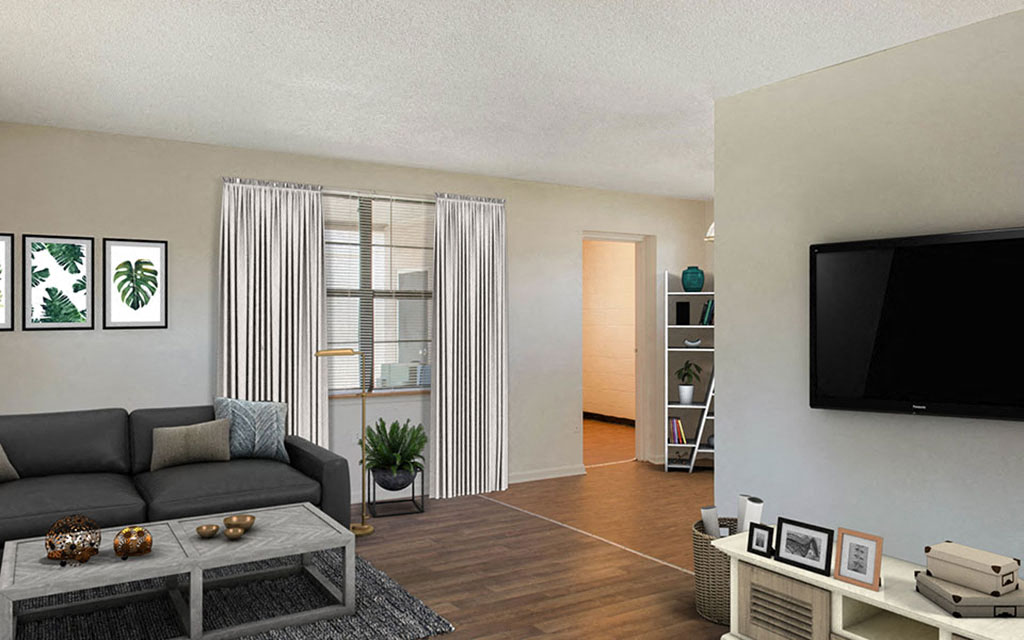 a living room with a couch and a tv