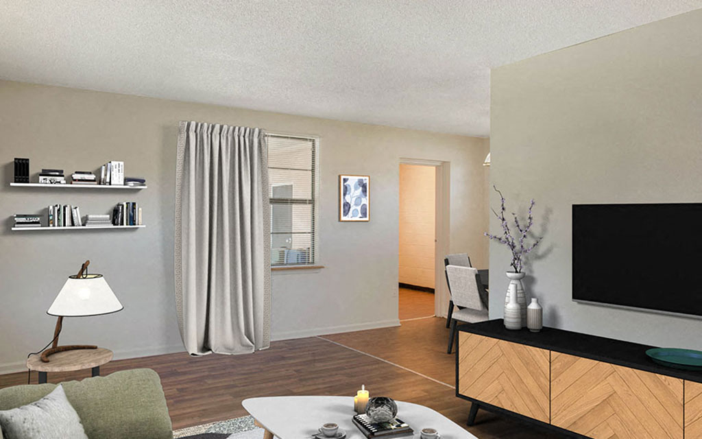 a living room with a tv and a table